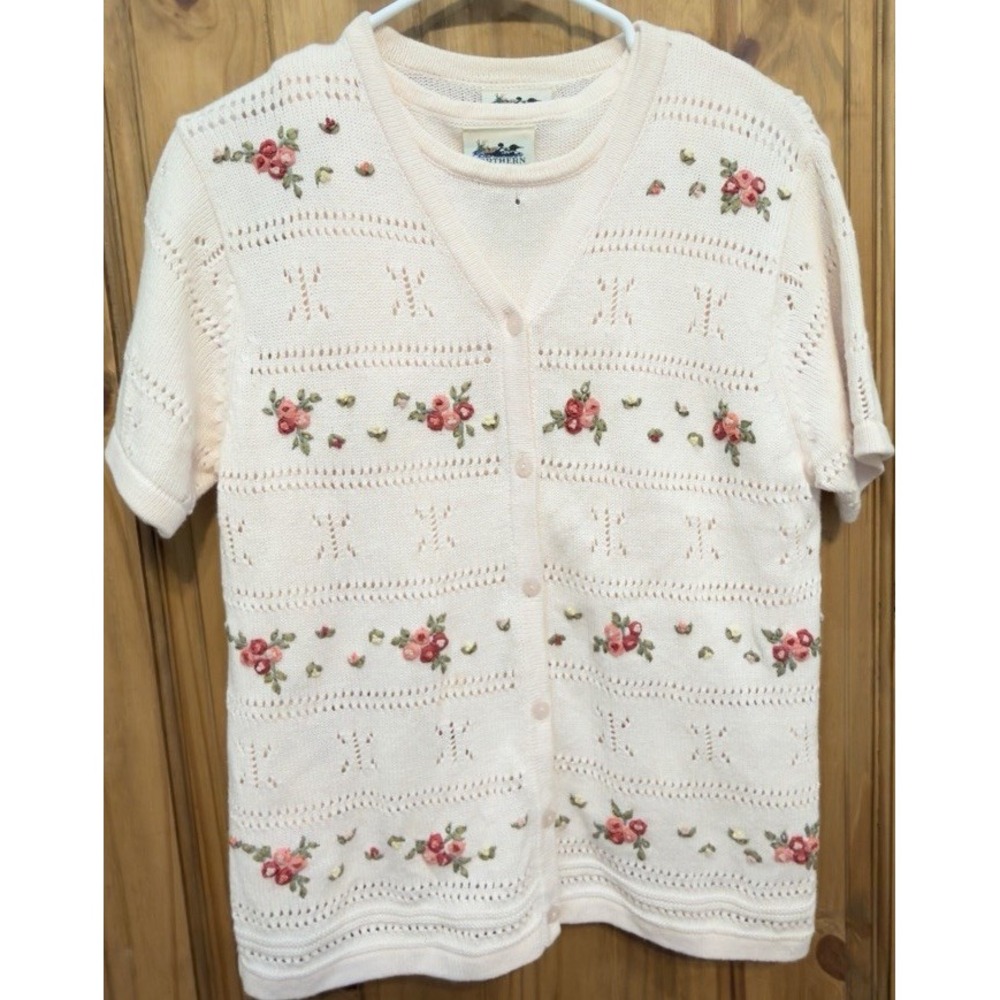 VTG Northern Reflections Sweater Set S Pink Floral Embroidered Cardigan Shell